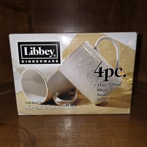 Libbey Crystal Snowflake White/Gold 11 fl oz Coffee Mugs Set of 4 NIB